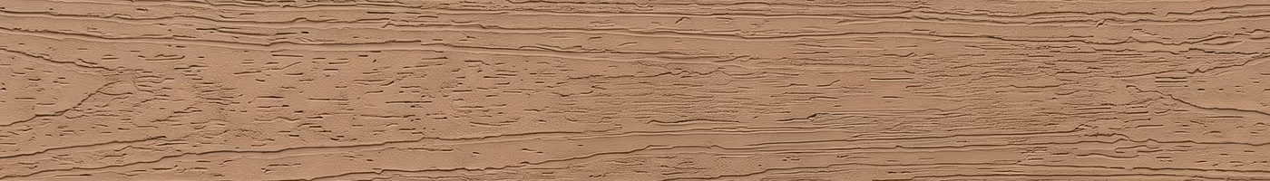 A single tan uncapped composite deck board with a matte embossed grain texture